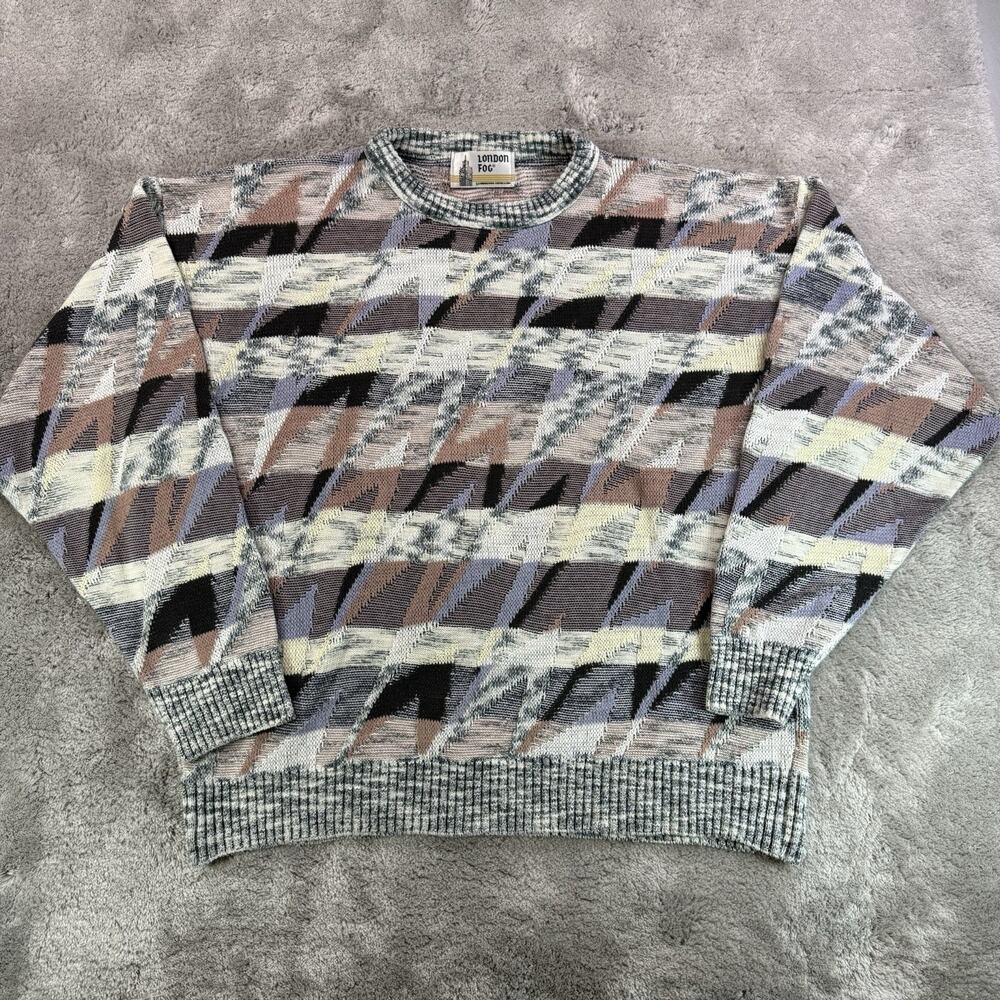 Vintage London Fog Sweater Men's M Abstract Patterned Knit Pullover USA Made 90s